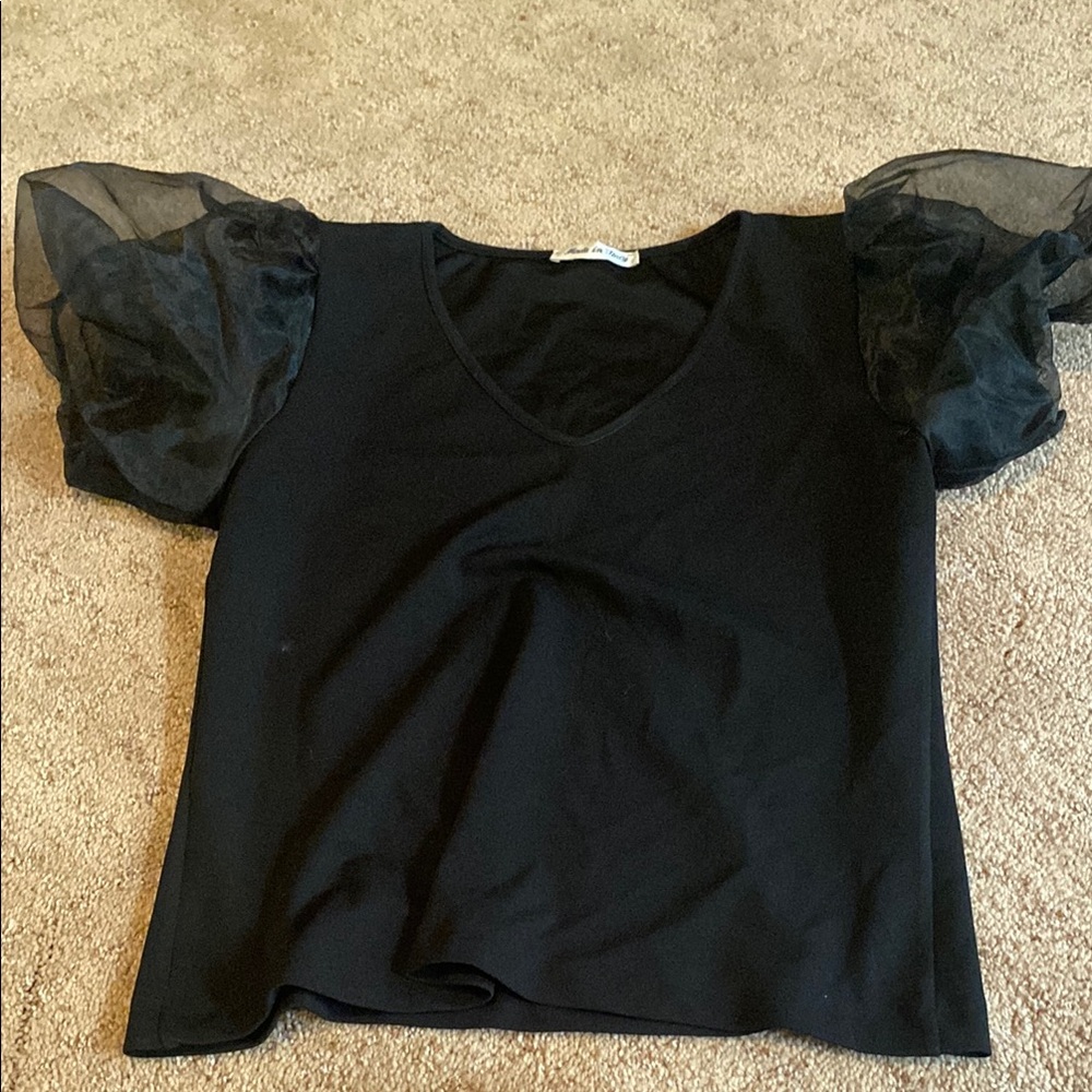 Black Sheer Sleeve Short Sleeve Top
